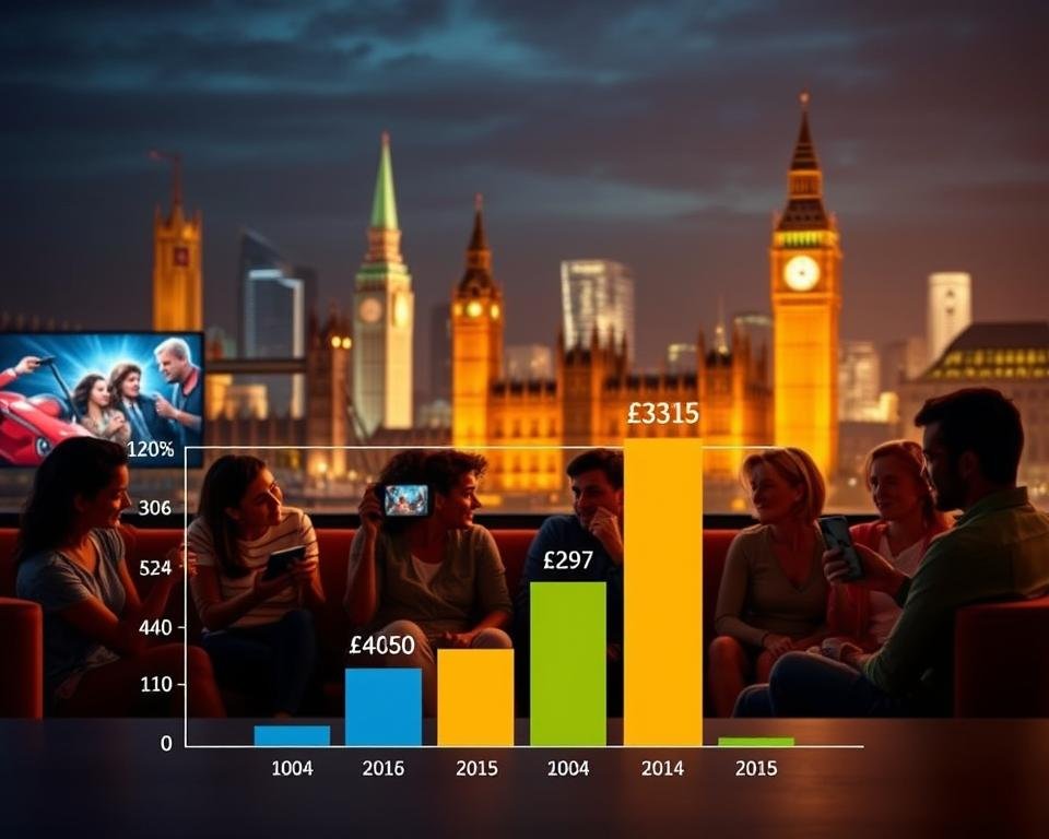 A modern, sleek image showcasing the cost-effectiveness of UK IPTV services. In the foreground, a stylized bar chart compares the monthly subscription fees of UK IPTV against traditional cable/satellite options, highlighting the significant savings. The middle ground features a group of diverse people enjoying various streaming content on their devices, conveying the wide range of entertainment accessible through UK IPTV. The background depicts a cityscape of iconic British landmarks bathed in warm, inviting lighting, reinforcing the local nature of the service. The overall composition emphasizes the superior value proposition of UK IPTV, captured through a high-quality, photorealistic rendering with a cinematic, editorial aesthetic.