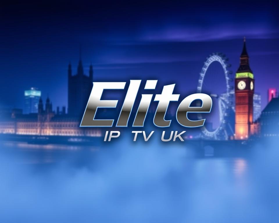 A modern, sleek logo for Elite IPTV UK in the foreground, rendered in a metallic silver and blue color scheme. In the middle ground, a cityscape of London at night, with the iconic landmarks like Big Ben and the London Eye illuminated. The background is a soft, hazy gradient of blues and purples, evoking a sense of high-end, premium quality. The lighting is dramatic, with strong shadows and highlights to create a bold, powerful atmosphere. The overall composition is balanced, with the logo taking center stage and the cityscape providing a visually striking context.