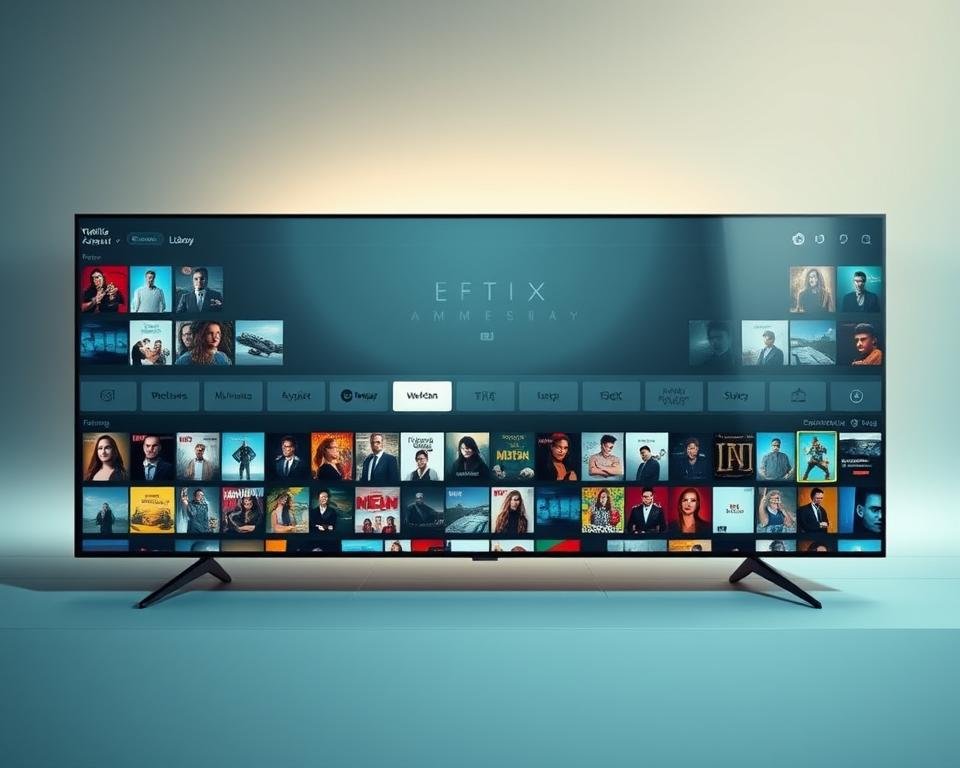 A modern, sleek streaming platform interface showcasing a vast content library. In the foreground, various movie and TV show thumbnails dynamically scroll across the screen, highlighting the breadth of available titles. The middle ground features a clean, minimalist design with subtle branding elements and intuitive navigation menus. The background has a soft, diffused lighting creating a warm, inviting atmosphere, complemented by a muted color palette of blues and grays. The overall composition conveys a sense of endless entertainment and a seamless streaming experience.