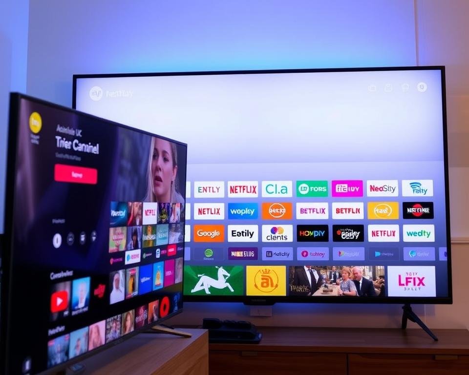 A modern streaming service interface displaying a comprehensive lineup of popular UK television channels, with a clean and intuitive design. The foreground features a large screen showcasing a diverse selection of content, while the middle ground presents a grid of channel logos and program thumbnails. The background is a minimalist, gradient-based UI, evoking a sense of digital elegance. The lighting is soft and diffused, creating a visually appealing and inviting atmosphere. The camera angle is slightly angled, providing a dynamic perspective that captures the depth and breadth of the channel offerings.