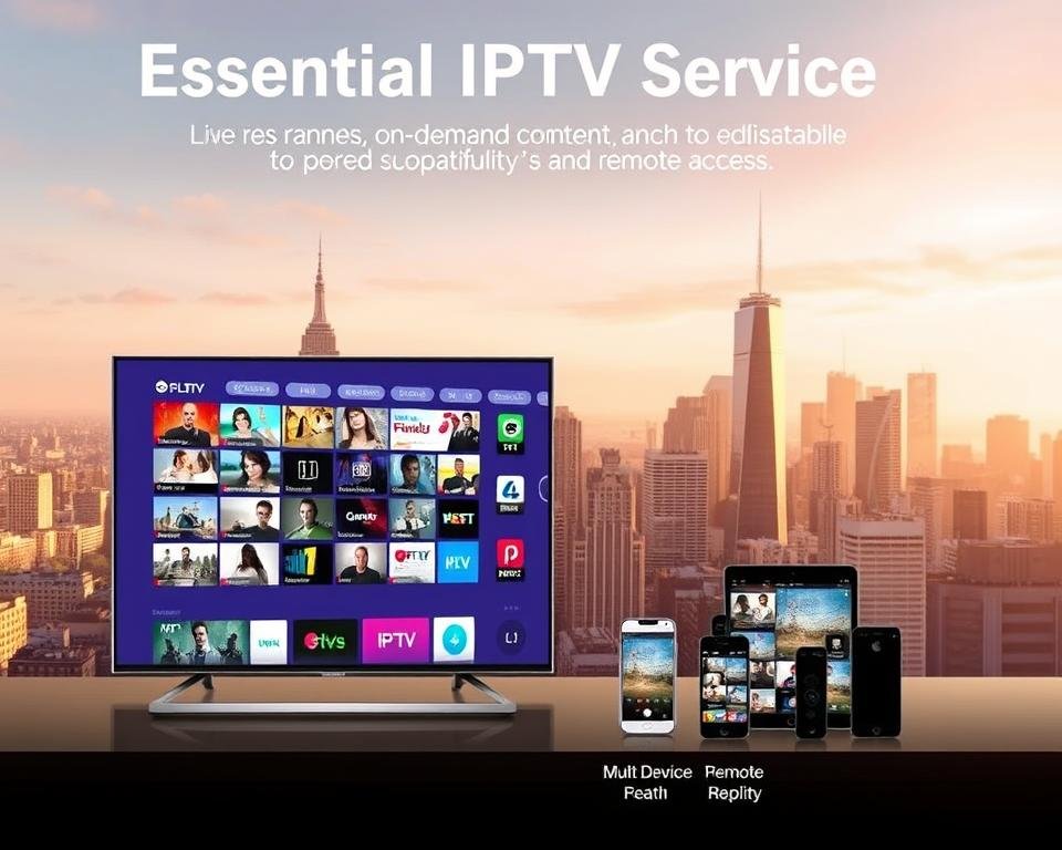 A modern, visually striking illustration of essential IPTV service features. In the foreground, a sleek smart TV displaying a diverse range of live channels, on-demand content, and customizable user interface. In the middle ground, various mobile devices showcasing seamless multi-device compatibility and remote access capabilities. The background features a cityscape skyline, symbolizing the global reach and accessibility of the IPTV service. The scene is illuminated by warm, natural lighting, conveying a sense of reliability and professionalism. The overall composition emphasizes the comprehensive, user-friendly nature of a high-quality IPTV solution.