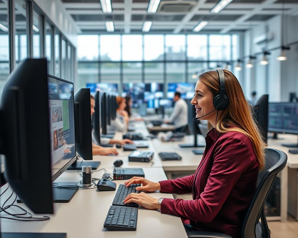A modern, well-equipped IPTV customer support office with a professional, tech-savvy atmosphere. The foreground features a smiling, attentive customer service representative assisting a client using a high-resolution display and state-of-the-art hardware. The middle ground showcases a team of technicians monitoring multiple screens and networks, ensuring seamless IPTV service. The background depicts a sleek, minimalist workspace with floor-to-ceiling windows, ample natural lighting, and cutting-edge telecommunications equipment. The overall scene conveys a sense of reliability, efficiency, and a commitment to providing top-notch support for IPTV users.