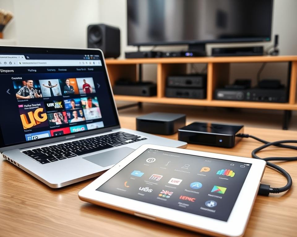 A modern, well-lit home office setup with a laptop, tablet, and various streaming devices prominently displayed. The laptop is open, showing a web browser interface with UK TV channels available for streaming. The tablet is in the foreground, showcasing an intuitive app interface for seamlessly accessing UK content. In the background, a sleek media center with multiple streaming boxes and a high-quality HDMI cable snaking through, all neatly organized. The overall atmosphere is one of technological sophistication and the convenience of enjoying UK television from the comfort of one's own home office.