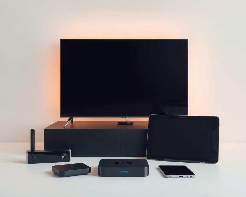 A neatly arranged display of various IPTV compatible devices, including a smart TV, streaming box, tablet, and mobile phone, all showcased in a clean, minimalist setting. The devices are lit by soft, warm lighting, highlighting their sleek designs and modern aesthetics. The background is a plain, neutral color, allowing the products to take center stage. The overall composition conveys a sense of simplicity, functionality, and technological sophistication, reflecting the versatility and accessibility of IPTV solutions.