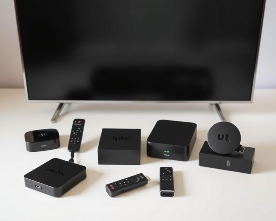 A neatly arranged display of various IPTV device models, including Android TV boxes, Amazon Fire TV Sticks, and smart TVs with built-in IPTV capabilities. The devices are shown in a clean, well-lit setting, with a subtle gradient background that conveys a sense of modern technology and connectivity. The composition highlights the diversity of compatible devices, emphasizing the seamless integration and flexibility of the IPTV setup process. The lighting is soft and natural, creating a inviting and informative atmosphere for the viewer.