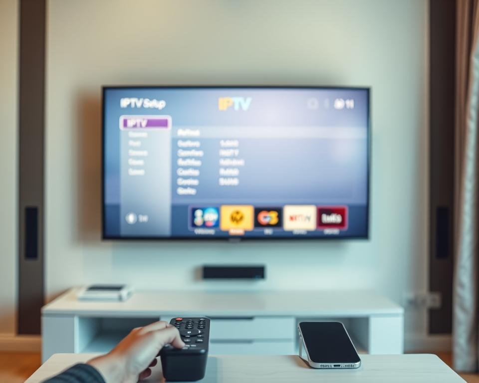 A neatly arranged living room with a modern smart TV mounted on the wall. On the TV screen, the IPTV setup interface is displayed, showcasing various channels and options. In the foreground, a remote control and a smartphone are positioned, indicating the user's interaction with the IPTV system. The lighting is soft and warm, creating a cozy atmosphere. The scene is captured from a slightly elevated angle, providing a clear view of the TV and the surrounding environment. The overall composition emphasizes the ease and convenience of setting up IPTV on a smart TV.