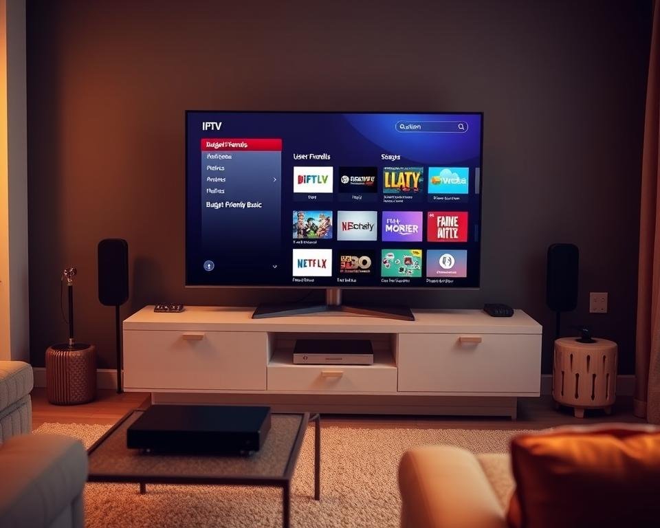 A neatly organized living room with a sleek, modern TV stand displaying an IPTV device. The room is bathed in warm, ambient lighting, creating a cozy atmosphere. On the screen, a simple, user-friendly interface showcases various IPTV channels and packages, highlighting the "Budget-Friendly Basic" option. The overall scene conveys a sense of affordability and accessibility, reflecting the section's focus on a budget-friendly IPTV solution for UK viewers.