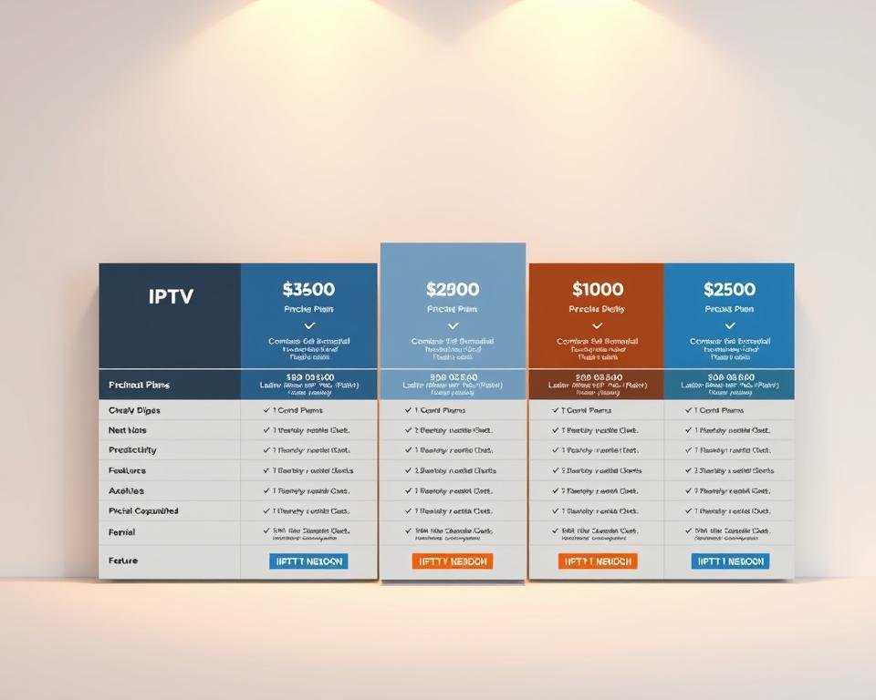 A neatly organized table depicting various IPTV subscription plans, showcased against a clean, minimalist background. The plans are presented with clear pricing details, device compatibility, channel selections, and feature highlights. The layout is professional and visually appealing, with subtle use of brand colors and icons to enhance the overall aesthetic. Soft lighting from above casts a warm, inviting glow, creating a premium, trustworthy impression. The entire composition conveys a sense of clarity, simplicity, and value, perfectly suited to illustrate the "Subscription Plans and Pricing Structure" section of the article.