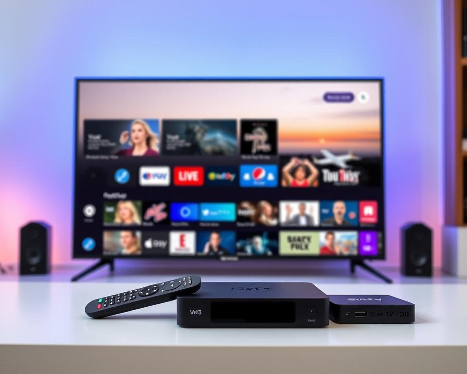 A premium IPTV service in the UK, showcasing a sleek and intuitive user interface. The foreground features a high-definition display with a variety of live TV channels and on-demand content, presented in a clean, modern layout. The middle ground depicts remote controls and compatible devices, such as smart TVs and streaming boxes, seamlessly integrated into the setup. The background subtly suggests the technological infrastructure behind the service, with subtle nods to cloud storage, secure server connections, and a vast content library. The overall atmosphere is one of convenience, reliability, and a premium entertainment experience tailored for the discerning UK viewer.