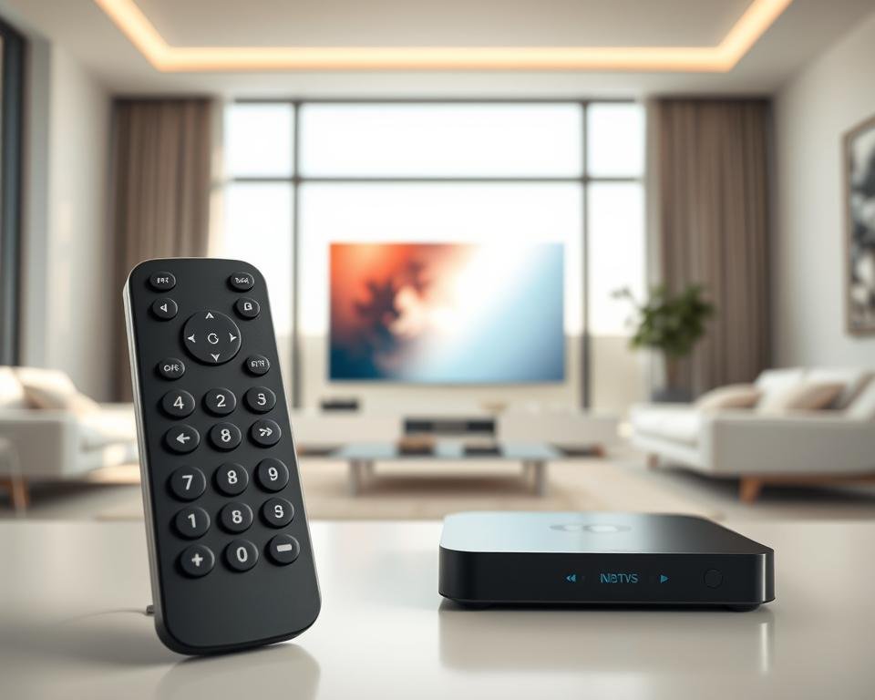 A premium IPTV service showcased in a sleek, modern setting. In the foreground, a high-end remote control with glossy buttons and a minimalist design. In the middle ground, a state-of-the-art streaming device with a clean, rectangular silhouette, displaying a vibrant, seamless interface. The background features a minimalist living room with large windows, allowing natural light to filter in and create a warm, inviting atmosphere. The overall scene conveys a sense of sophistication, reliability, and technological advancement, perfectly capturing the essence of a premium IPTV service.