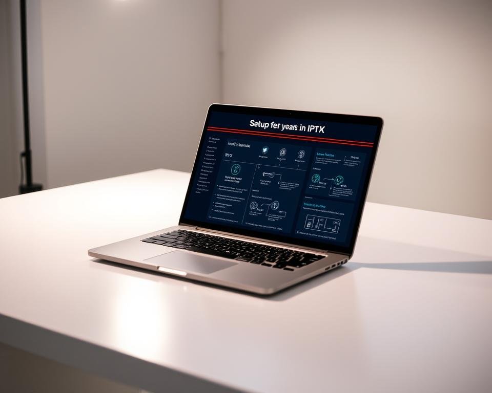 A professional, high-quality technical guide showcasing the setup process for IPTV in the UK. The guide is displayed on a sleek, modern laptop or tablet, resting on a minimalist desk with clean lines and a neutral color palette. Soft, directional lighting illuminates the screen, creating depth and highlighting the informative content. The guide features clear step-by-step instructions, diagrams, and icons, conveying a sense of authority and attention to detail. The overall atmosphere is one of efficiency, clarity, and a dedication to providing a comprehensive, user-friendly resource for IPTV enthusiasts in the UK.