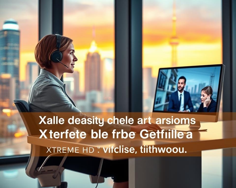 A professional support agent seated at a sleek, modern desk, a headset on and a serene, focused expression as they assist a customer on a high-resolution computer monitor. The background features a vibrant, colorful city skyline visible through floor-to-ceiling windows, bathed in warm, soft lighting. The scene conveys a sense of efficiency, attentiveness, and a commitment to delivering exceptional customer service for the Xtreme HD IPTV platform.