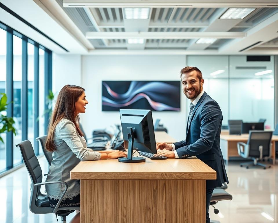 A professional, well-equipped customer service desk with a friendly and attentive customer service representative assisting a customer. The desk is situated in a bright, modern office space with large windows, sleek furniture, and high-tech equipment. The representative is dressed in a neat, professional attire and has a warm, welcoming expression, ready to address the customer's needs. The overall atmosphere conveys a sense of efficiency, reliability, and a commitment to providing exceptional customer support for the Xtreme HD IPTV service.