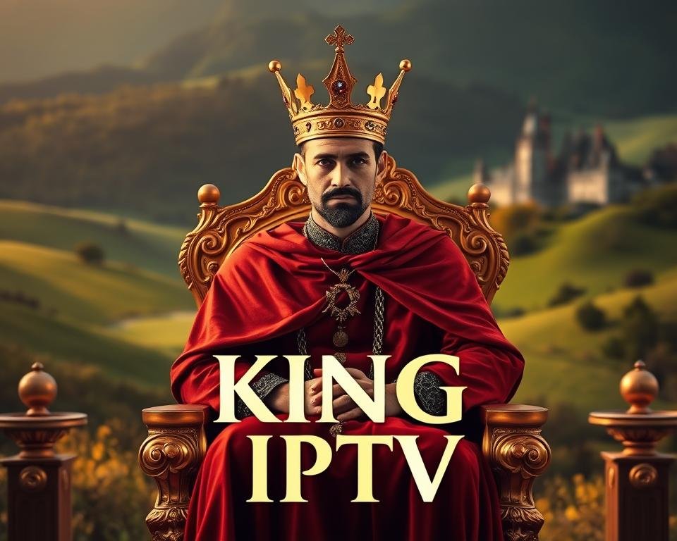 A regal figure sits upon a gilded throne, adorned in a crimson cloak and a crown of gleaming gold. The lighting is warm and inviting, casting a soft glow upon the scene. The background is a lush, verdant landscape, with rolling hills and a majestic castle in the distance. The subject's gaze is steady and authoritative, conveying a sense of power and command. The composition is balanced and symmetrical, with the throne positioned at the center of the frame. The overall mood is one of opulence and grandeur, reflecting the "King IPTV" brand and its promise of premium features at affordable rates.