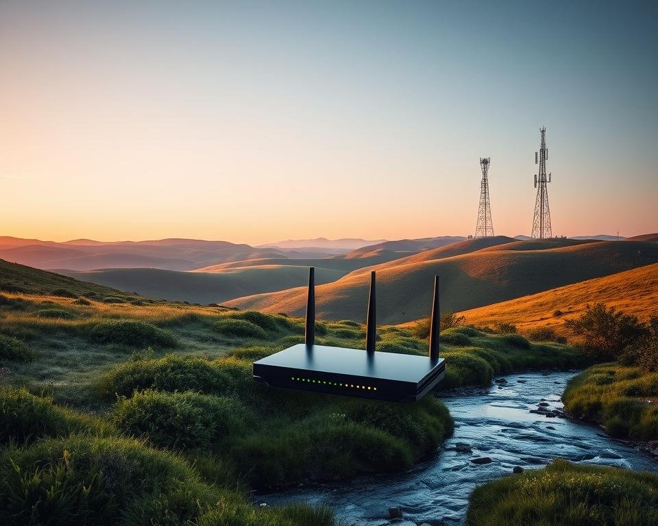A serene landscape of rolling hills, bathed in a warm, soft glow of evening light. In the foreground, a crystal-clear stream winds its way through the lush, verdant vegetation, its waters reflecting the tranquil sky above. The middle ground features a sleek, modern modem or router, its status lights pulsing with a steady, rhythmic cadence, symbolizing the stable, reliable internet connection. In the distance, a towering cell tower stands tall, its antennas reaching skyward, ensuring a strong, uninterrupted signal. The overall scene conveys a sense of technical harmony, where nature and technology coexist in perfect synchronicity. A serene landscape of rolling hills, bathed in a warm, soft glow of evening light. In the foreground, a crystal-clear stream winds its way through the lush, verdant vegetation, its waters reflecting the tranquil sky above. The middle ground features a sleek, modern modem or router, its status lights pulsing with a steady, rhythmic cadence, symbolizing the stable, reliable internet connection. In the distance, a towering cell tower stands tall, its antennas reaching skyward, ensuring a strong, uninterrupted signal. The overall scene conveys a sense of technical harmony, where nature and technology coexist in perfect synchronicity.