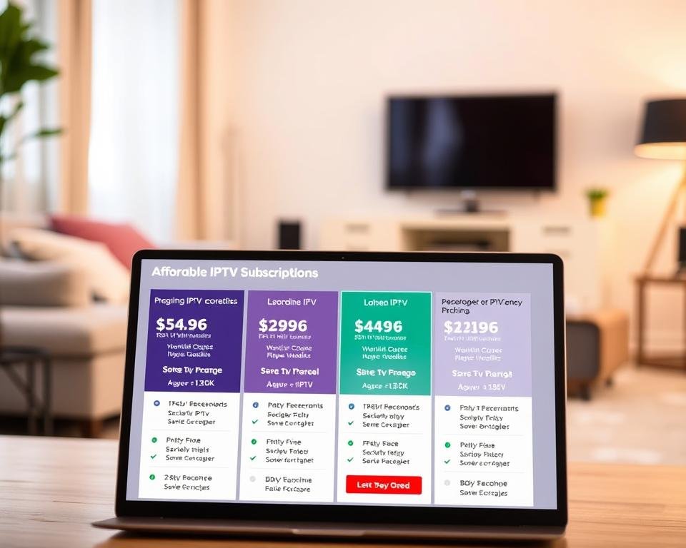 A series of affordable IPTV subscription plans against a soft, blurred background depicting a cozy living room setup. In the foreground, a laptop display showcases various package options, with clear pricing details and feature highlights. The lighting is warm and inviting, creating a welcoming atmosphere. The overall composition emphasizes the accessibility and convenience of these IPTV plans, catering to the needs of UK consumers seeking a comprehensive and cost-effective entertainment solution.