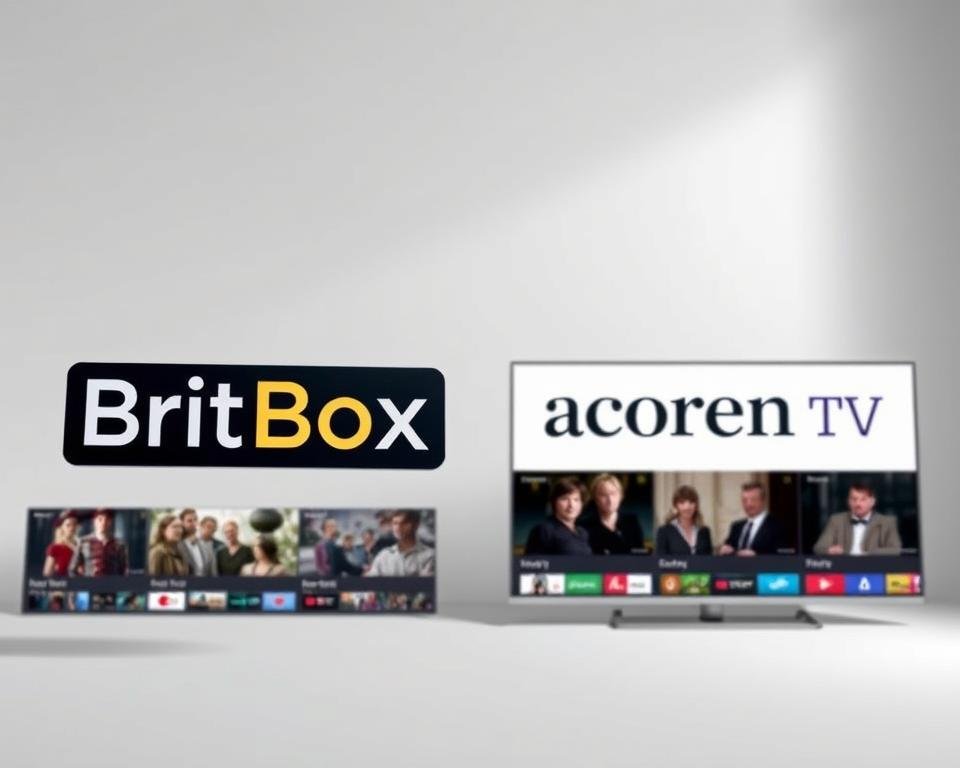 A side-by-side comparison of the BritBox and Acorn TV streaming platforms, set against a clean, modern backdrop. In the foreground, sleek, minimalist logos for each service hover in mid-air, casting subtle shadows. The middle ground features product screenshots, showcasing the breadth of content available - from classic British television to contemporary dramas. In the background, a subtle grid pattern adds structure and depth, while soft, directional lighting creates a sense of sophistication and professionalism. The overall composition conveys the premium, curated nature of these two leading options for accessing the best of British television.