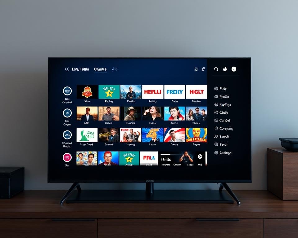 A sleek and intuitive IPTV user interface with a modern, minimalist design. The main screen displays a grid of thumbnails for various live TV channels and on-demand content, with clear category labels and intuitive navigation controls. In the foreground, a crisp 4K display showcases high-quality video playback, with a clean, unobtrusive control panel overlaying the content. The middle ground features a sidebar menu for accessing additional features, such as a program guide, search functionality, and user settings. The background is subtly blurred, creating a sense of depth and focus on the core interface elements. Soft, indirect lighting illuminates the scene, giving it a warm, inviting atmosphere suitable for a premium IPTV experience.