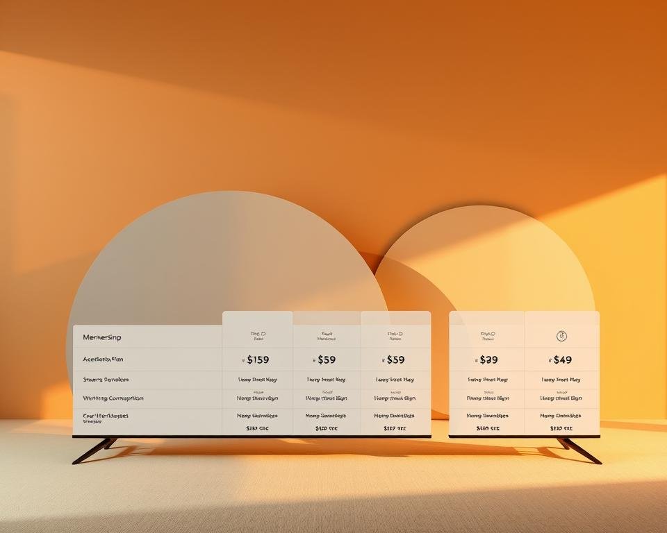 A sleek and minimalist display of streaming membership plans, showcased against a warm, inviting background. The foreground features a clean grid layout highlighting the various subscription tiers, each with distinct icons and pricing details. The middle ground showcases abstract shapes and gradients, creating a sense of depth and sophistication. The background is softly lit, with subtle lighting effects that enhance the overall elegance of the scene. The overall composition conveys a sense of accessible luxury, inviting the viewer to explore the flexible and tailored membership options available.