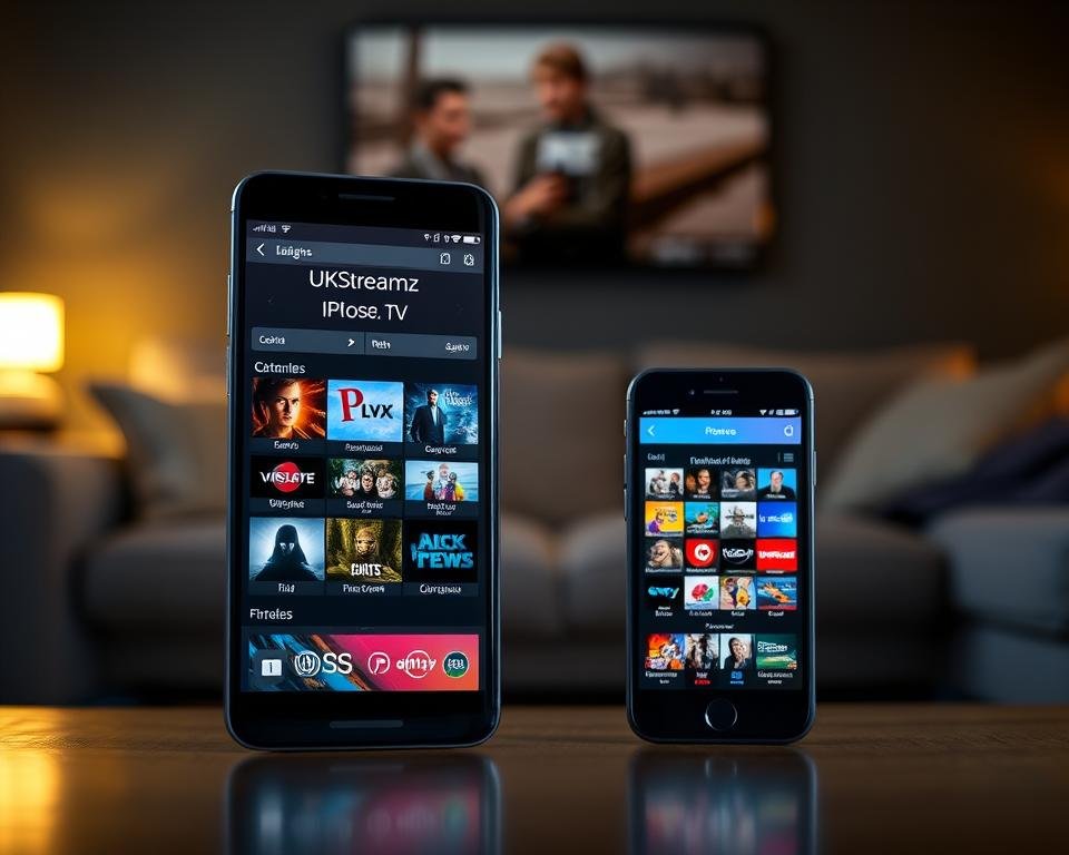 A sleek and modern Android smartphone and an iPhone displaying the UKStreamz IPTV service interface, set against a backdrop of a dimly lit living room. The screen of each device showcases a selection of IPTV channels, sharp and vibrant. Subtle ambient lighting casts a warm glow, creating a cozy, inviting atmosphere. The overall composition emphasizes the convenience and accessibility of UKStreamz IPTV for users on both Android and iOS platforms in the UK.