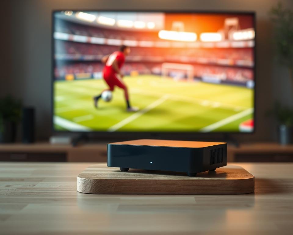 A sleek and modern IPTV device prominently displayed on a minimalist wood-grain table. Soft, warm lighting illuminates the device, showcasing its clean lines and premium design. In the background, a blurred image of a sports broadcast plays on a large, high-definition screen, hinting at the device's capabilities. The overall scene conveys a sense of sophistication and practicality, catering to the discerning sports enthusiast.
