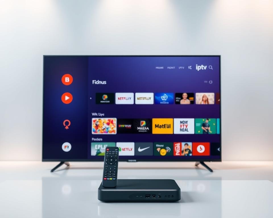 A sleek and modern IPTV service interface displayed on a high-resolution screen. The screen is positioned in the foreground, slightly tilted to showcase the intuitive menu layout and vibrant visuals. In the middle ground, a remote control and a streaming device, such as a set-top box, are prominently displayed, highlighting the easy setup and integration. The background features a minimalist, clean-lined environment with subtle lighting, creating a sense of sophistication and professionalism. The overall composition conveys the reliable, high-quality, and user-friendly nature of the Xtreme HD IPTV service.