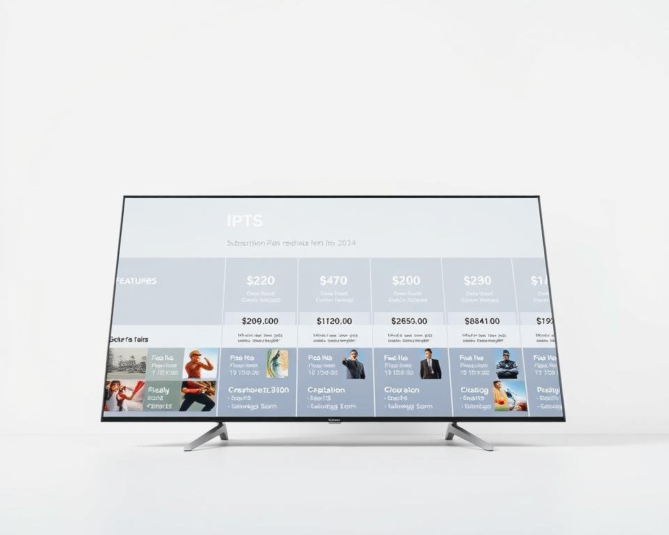 A sleek and modern IPTV subscription plan interface set against a minimalist white background. In the foreground, clearly-defined subscription tiers with pricing and feature details displayed in a clean, intuitive layout. The middle ground showcases high-quality television content thumbnails, hinting at the diverse channel selection. Soft, directional lighting accentuates the sharpness of the UI elements, creating a sense of clarity and professionalism. The composition utilizes a low camera angle to convey a sense of authority and importance, drawing the viewer's attention to the key subscription information. An overall tone of reliability, accessibility, and premium quality permeates the scene.