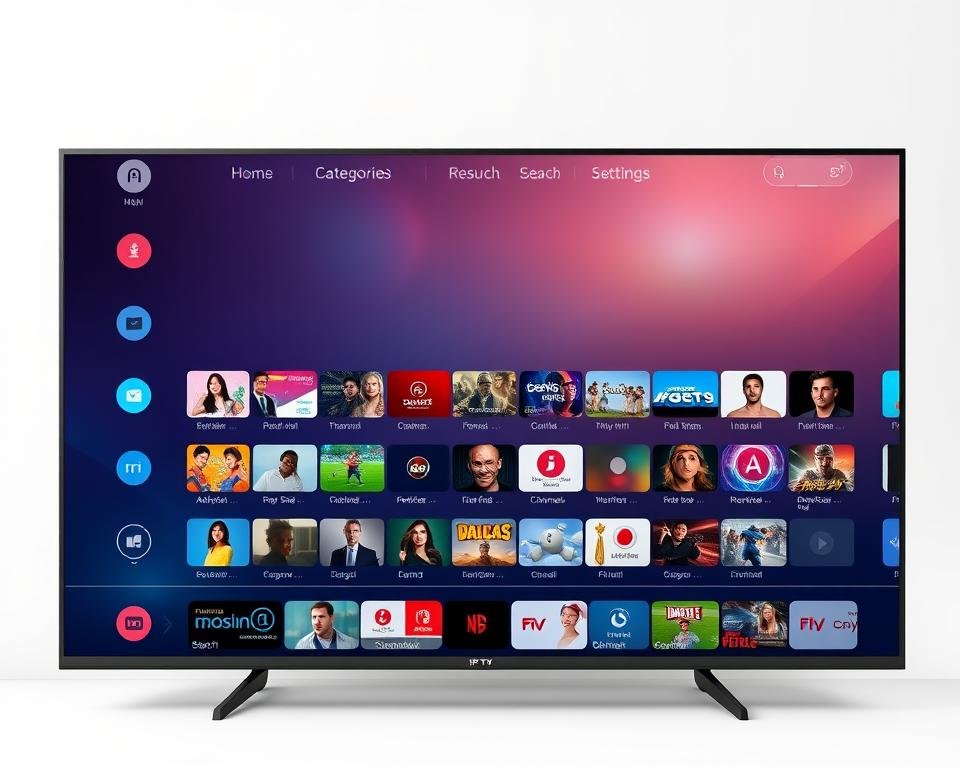 A sleek and modern IPTV user interface, featuring a clean and intuitive layout. The main screen displays a grid of channel thumbnails, with easy-to-navigate menus along the top for categories, search, and settings. Subtle lighting effects create a warm and inviting atmosphere, while the overall design is minimalist and uncluttered. The interface is responsive and optimized for use on a variety of devices, from large TV screens to mobile phones. The color scheme is a harmonious blend of cool grays and blues, with pops of vibrant accent colors to highlight key information. The user experience is seamless and efficient, allowing the viewer to quickly find and access their desired content.