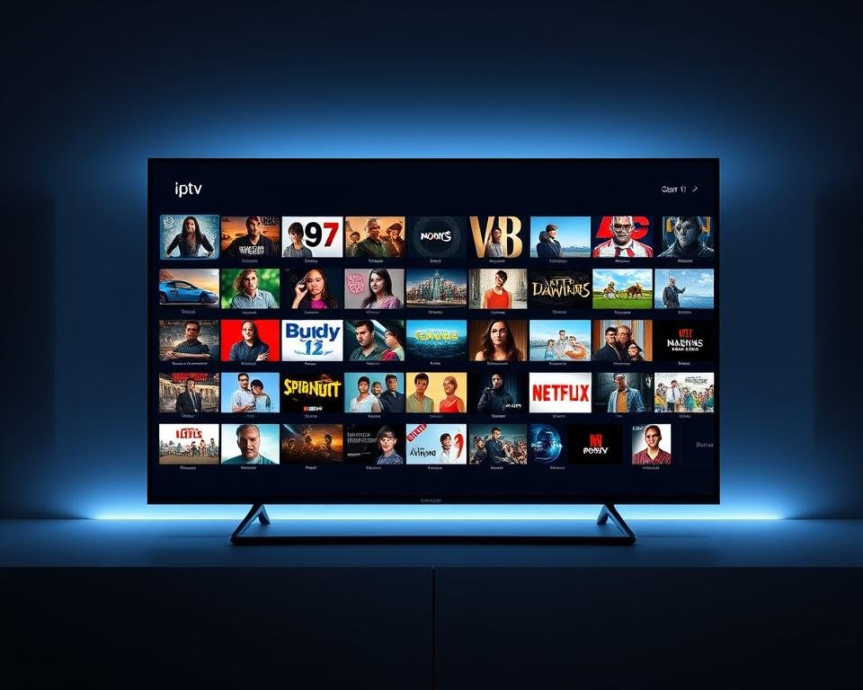 A sleek and modern IPTV user interface, featuring a clean and intuitive layout. The main screen displays a grid of high-definition channel thumbnails, effortlessly navigable with a minimalist on-screen menu. Smooth transitions between sections showcase the robust content library, ranging from live TV to a vast selection of on-demand movies and shows. Subtle lighting accentuates the digital display, creating a sophisticated and immersive viewing experience. The interface is designed with an elegant color palette, harmonizing seamlessly with a range of device styles and setups. An uncluttered design prioritizes user experience, allowing the viewer to easily discover, browse, and access their desired content.