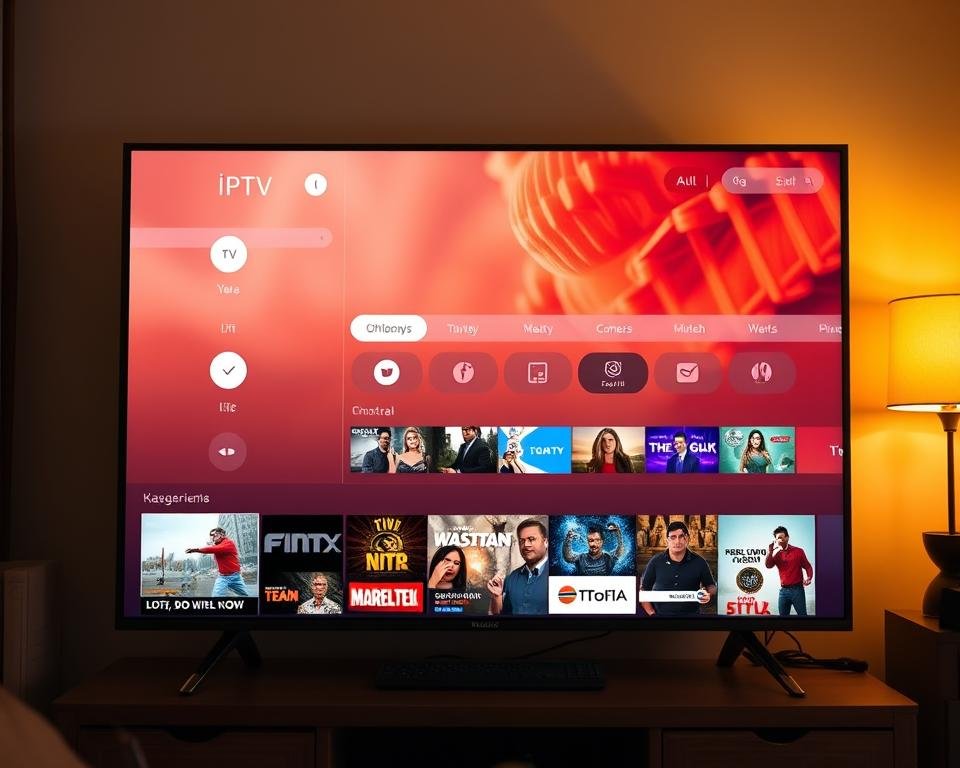 A sleek and modern IPTV user interface, featuring a clean layout with bold typography, intuitive navigation, and a vibrant color scheme. The screen is bathed in warm, natural lighting, creating a cozy and inviting atmosphere. In the foreground, a grid of thumbnails showcases a diverse selection of live TV channels and on-demand content, tempting the user to explore. The middle ground displays a user-friendly menu system with clear categorization and search functionality, allowing seamless navigation. In the background, a subtle blur effect creates depth and focus, drawing the eye to the central interface elements. The overall design is polished, responsive, and optimized for an immersive viewing experience.
