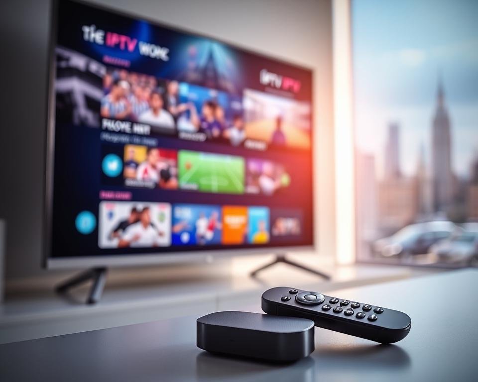 A sleek and modern TV displaying various sports channels and live events, illuminated by soft, directional lighting that highlights the vibrant colors of the user interface. In the foreground, a remote control and a streaming device, symbolizing the seamless integration of IPTV technology for sports enthusiasts in the UK. The background features a subtle, out-of-focus cityscape, conveying a sense of connectivity and the urban setting. The overall composition and color palette evoke a professional, high-quality, and user-friendly IPTV experience tailored for sports viewers in the United Kingdom.