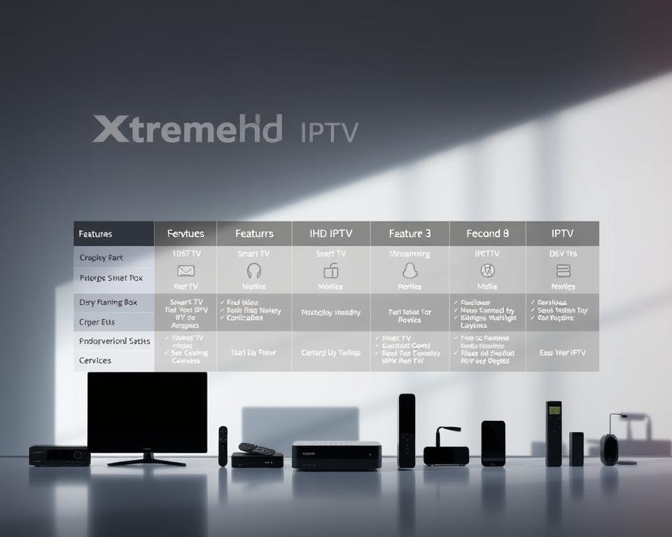 A sleek and modern comparison of IPTV providers, showcasing the Xtreme HD IPTV service. In the foreground, a stylized grid layout displays the key features and services of Xtreme HD IPTV, with clean icons and crisp typography. The middle ground features silhouettes of various IPTV devices, such as smart TVs, streaming boxes, and mobile devices, to represent the platform's broad compatibility. The background is a soft, gradient-based backdrop, creating a professional and high-tech atmosphere. Subtle lighting from the side casts dynamic shadows, adding depth and emphasizing the premium quality of the Xtreme HD IPTV offering. A sleek and modern comparison of IPTV providers, showcasing the Xtreme HD IPTV service. In the foreground, a stylized grid layout displays the key features and services of Xtreme HD IPTV, with clean icons and crisp typography. The middle ground features silhouettes of various IPTV devices, such as smart TVs, streaming boxes, and mobile devices, to represent the platform's broad compatibility. The background is a soft, gradient-based backdrop, creating a professional and high-tech atmosphere. Subtle lighting from the side casts dynamic shadows, adding depth and emphasizing the premium quality of the Xtreme HD IPTV offering.