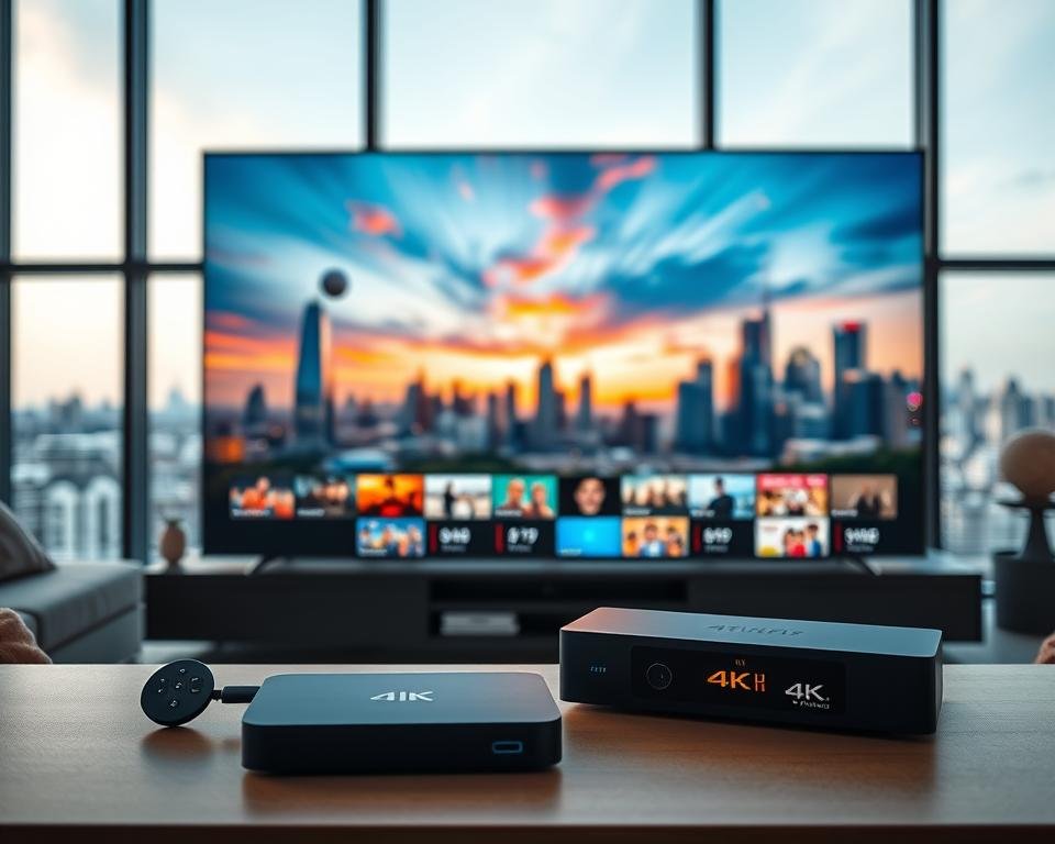A sleek and modern home entertainment setup showcasing the benefits of UK IPTV 4K streaming. In the foreground, a state-of-the-art 4K television displays vibrant, high-resolution images with exceptional clarity and detail. Beside it, a high-end streaming device connects seamlessly, ready to deliver a vast library of content in stunning 4K quality. The middle ground features a comfortable living space, with plush furniture and soft lighting, creating a cozy and immersive viewing experience. In the background, a large window overlooks a picturesque urban skyline, suggesting the versatility and accessibility of UK IPTV 4K streaming for any home environment. The overall scene conveys the enhanced visual quality, content variety, and convenience of elevating one's home entertainment with UK IPTV 4K.