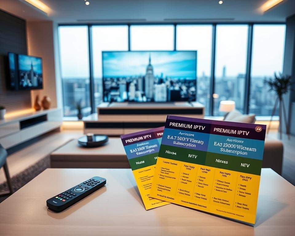 A sleek and modern interior with a large flatscreen TV mounted on the wall, showcasing various IPTV subscription packages available in the UK. The foreground features a minimalist coffee table with a remote control and a stack of premium IPTV service brochures, highlighting the different plans and pricing tiers. The middle ground displays a well-lit, contemporary living room setup with comfortable seating and subtle accent lighting, conveying a sense of premium, high-quality entertainment. The background features large windows overlooking a cityscape, suggesting an urban, cosmopolitan setting. The overall mood is one of sophistication, elegance, and the promise of an elevated streaming experience.