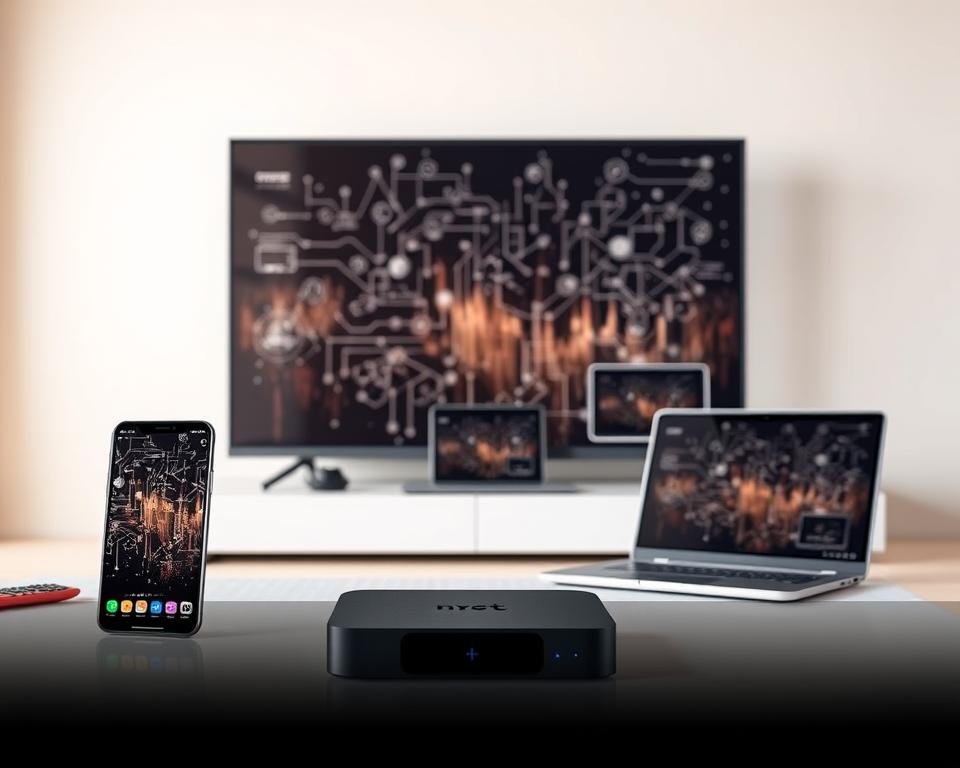 A sleek and modern setting showcasing a variety of compatible devices for IPTV services in the UK. In the foreground, a state-of-the-art smart TV, a high-end smartphone, and a modern streaming box are elegantly displayed against a minimalist white backdrop, highlighting their seamless integration. In the middle ground, a laptop and a tablet demonstrate the multi-device versatility of the IPTV platform, while in the background, a subtle mesh of technical diagrams and network infrastructure subtly conveys the robust technological capabilities powering the service. Soft, warm lighting and a clean, sophisticated aesthetic create an inviting and premium visual experience.