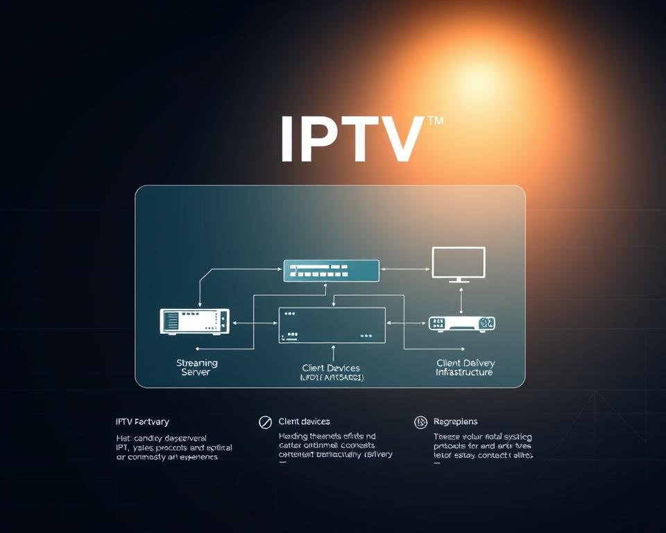 A sleek and modern technical diagram showcasing the core IPTV system components. In the foreground, a high-resolution schematic displays the interconnected hardware and software elements required for an optimal IPTV experience, including a streaming server, client devices, network infrastructure, and content delivery protocols. The middle ground features clean typography highlighting key technical specifications and system requirements. The background maintains a minimalist aesthetic with subtle grid patterns and geometric shapes, conveying a sense of technological sophistication. Soft lighting casts a warm glow, creating depth and clarity for the detailed technical information. The overall composition strikes a balance between form and function, making the critical IPTV setup accessible and visually compelling.