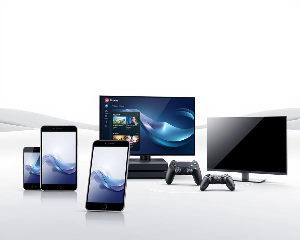 A sleek and modern technology-inspired illustration depicting various digital devices seamlessly interconnected, symbolizing the concept of "Device Compatibility". In the foreground, a smartphone, tablet, and smart TV are prominently displayed, showcasing their compatibility and ability to synchronize content. The middle ground features a laptop and gaming console, further emphasizing the cross-platform integration. The background is a minimalist, gradient-based landscape with subtle visual cues hinting at the advanced networking and connectivity that enables this harmonious device ecosystem. The lighting is soft and diffused, creating a clean, contemporary aesthetic. The camera angle is slightly elevated, giving a sense of order and cohesiveness to the overall composition.