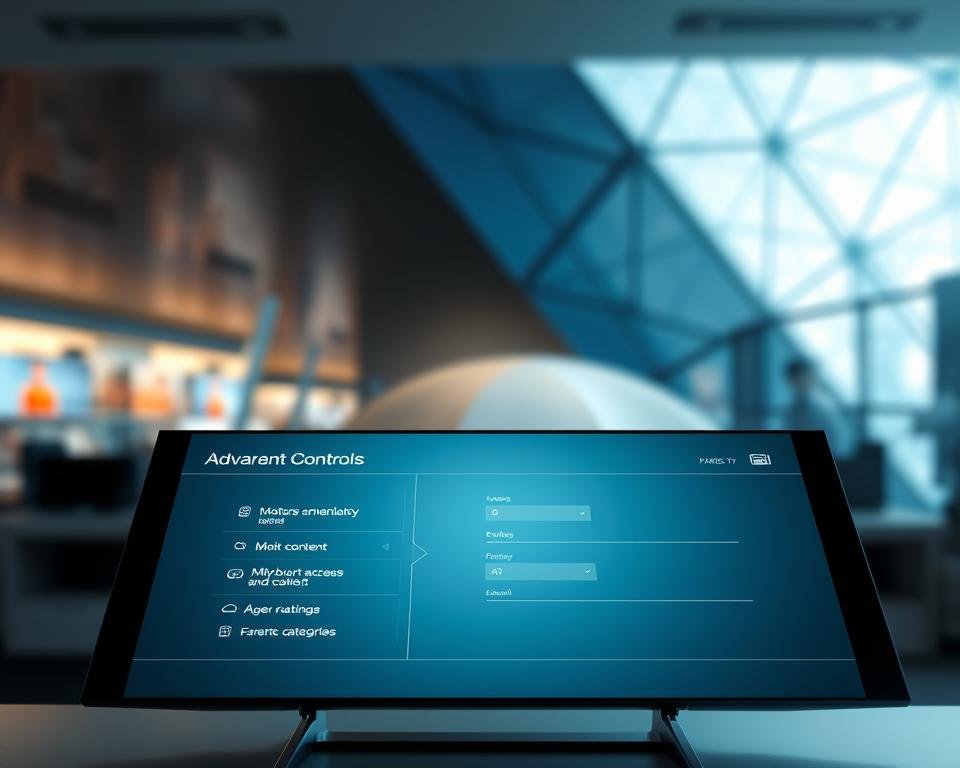 A sleek, futuristic interface showcasing advanced parental controls for an IPTV service. In the foreground, a high-resolution touchscreen display presents intuitive settings for monitoring and restricting access to content based on age ratings and categories. The middle ground features a clean, minimalist design with subtle gradients and smooth lines, conveying a sense of sophistication and control. In the background, a blurred cityscape or abstract geometric pattern provides a dynamic, technology-inspired backdrop, highlighting the cutting-edge nature of the IPTV system. The lighting is soft and directional, creating depth and accentuating the display's clarity. The camera angle is slightly elevated, giving the viewer a sense of authority and oversight over the parental control features.