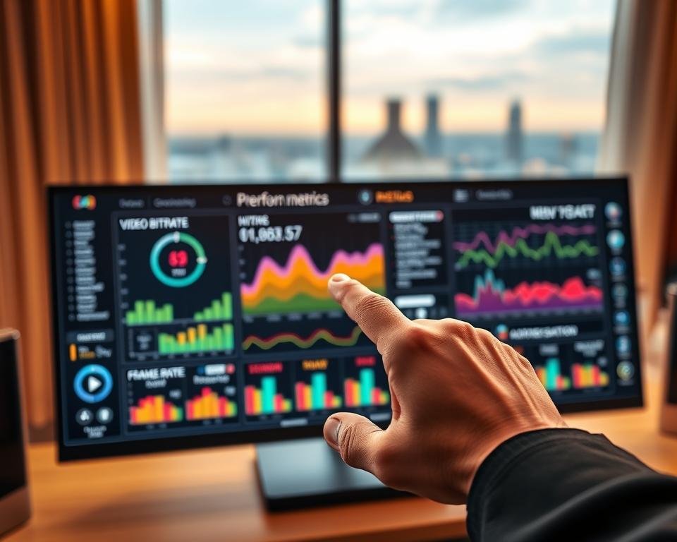 A sleek, high-tech control panel displays real-time streaming performance metrics. Vibrant, colorful graphs and charts illustrate video bitrate, frame rate, resolution, and other crucial data. In the foreground, a hand gestures towards the panel, inviting the viewer to analyze the insights. The background features a softly blurred cityscape, hinting at the broader context of home entertainment and media consumption. Warm, directional lighting casts a professional, authoritative atmosphere, while a slight depth of field focuses the eye on the analytical information. The overall scene conveys a sense of technological sophistication and data-driven decision making for optimizing streaming quality.