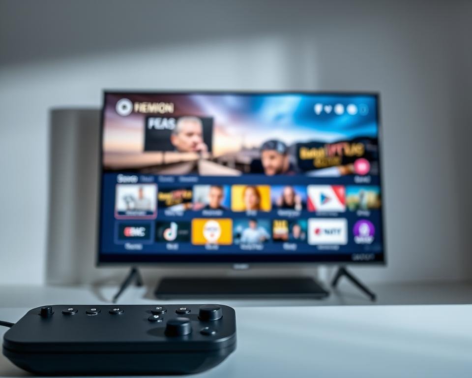 A sleek, high-tech display showcasing the essential features of a premium IPTV service. In the foreground, a modern, minimalist user interface with intuitive controls and a clean, uncluttered layout. Behind it, a vibrant 4K video stream playing the latest content, rendered with exceptional clarity and color accuracy. In the background, a subtle grid of icons representing the wide range of channels, on-demand titles, and smart home integration capabilities. Soft, directional lighting casts a professional, authoritative tone, while a shallow depth of field emphasizes the primary focal points. The overall impression conveys the reliability, versatility, and cutting-edge technology of a best-in-class IPTV solution for the UK market.