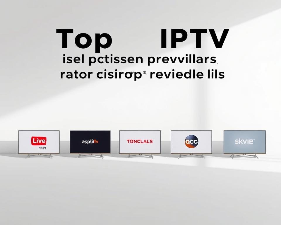 A sleek, minimalist product showcase of the top IPTV service providers for UK smart TVs. Set against a clean, white backdrop, the scene features a row of modern, low-profile smart TV devices in various colors, each prominently displaying a distinct service provider logo. The devices are arranged in an orderly, visually appealing manner, casting subtle shadows that add depth and dimension. Soft, diffused lighting illuminates the scene, creating a sense of sophistication and professionalism. The overall composition conveys a sense of authority, quality, and the leading IPTV options available to UK consumers.