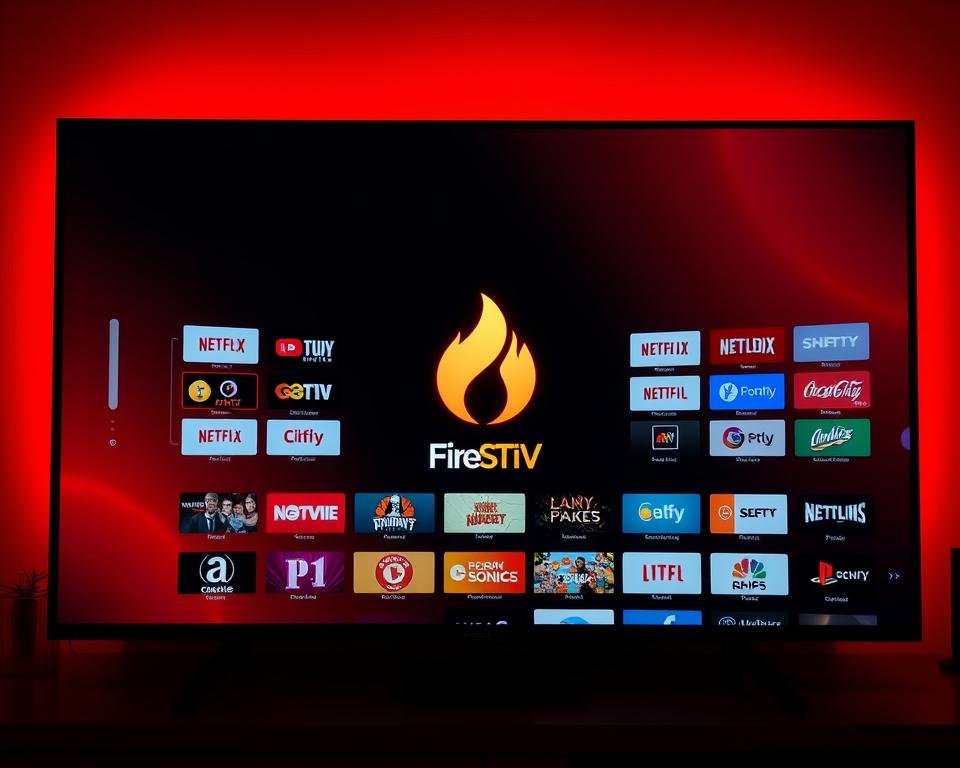 A sleek, modern Firestick IPTV app interface, displayed on a high-definition TV screen. The app's logo, a stylized fire icon, stands prominently in the center, surrounded by a grid of colorful channel icons. The screen is bathed in a warm, orange-red glow, evoking the feeling of a cozy, immersive home entertainment experience. The interface is clean and intuitive, with clear, easy-to-navigate menus and a responsive, seamless user experience. The scene is captured from a slightly elevated angle, providing a cinematic, bird's-eye view of the app in action, showcasing its versatility and the wide range of content available to the user.