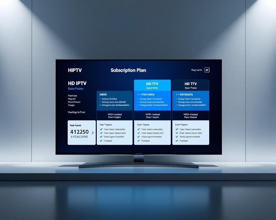A sleek, modern HDTV display prominently showcasing HD IPTV subscription plans. The screen is set against a minimalist, futuristic backdrop with clean lines and a cool, metallic color scheme. The subscription plans are neatly organized, with clear pricing tiers and feature breakdowns highlighted in a professional, easy-to-navigate interface. Soft, directional lighting illuminates the display, creating depth and dimension. The overall composition conveys a sense of high-end technology, premium entertainment, and seamless user experience.