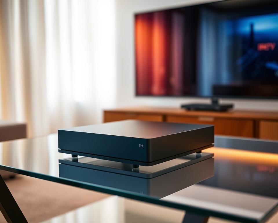 A sleek, modern IPTV box rests on a minimalist glass-topped table, its clean lines and sharp edges contrasting with the soft, diffuse lighting that illuminates the room. The box's matte black exterior reflects the warm, ambient glow, creating a sense of sophistication and technological prowess. In the background, a large, high-definition television screen displays a vibrant, crystal-clear image, showcasing the superior visual quality of IPTV. The scene exudes a sense of contemporary elegance, hinting at the advanced capabilities and seamless user experience that IPTV can provide, elevating the traditional television viewing experience.