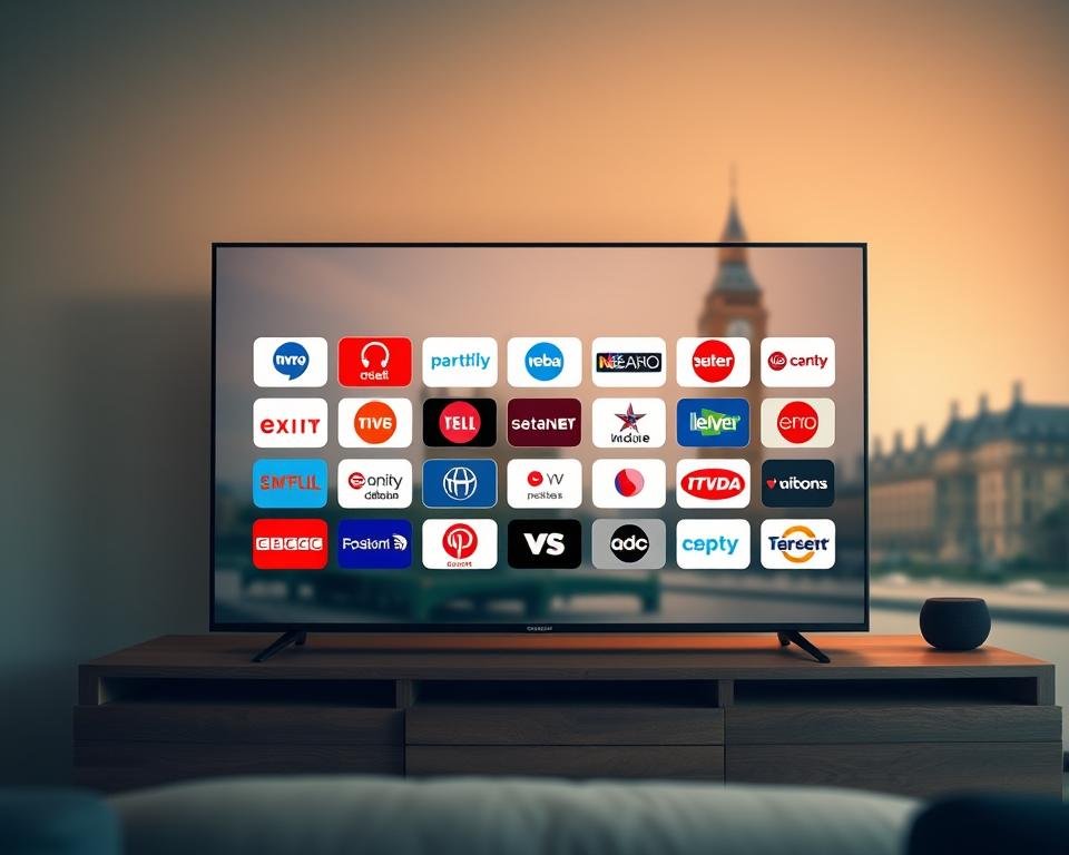 A sleek, modern IPTV dashboard showcasing a variety of popular UK television channels. The interface features a clean, minimalist design with a grid layout of channel logos prominently displayed. The background is a blurred cityscape of London landmarks, conveying the UK focus. Warm, soft lighting creates a cozy, inviting atmosphere. The composition is balanced, with the channel grid taking up the central focus, surrounded by negative space. The image has a high-resolution, photo-realistic quality, captured through a wide-angle lens to showcase the breadth of content available. An intuitive, user-friendly IPTV experience tailored for UK viewers.