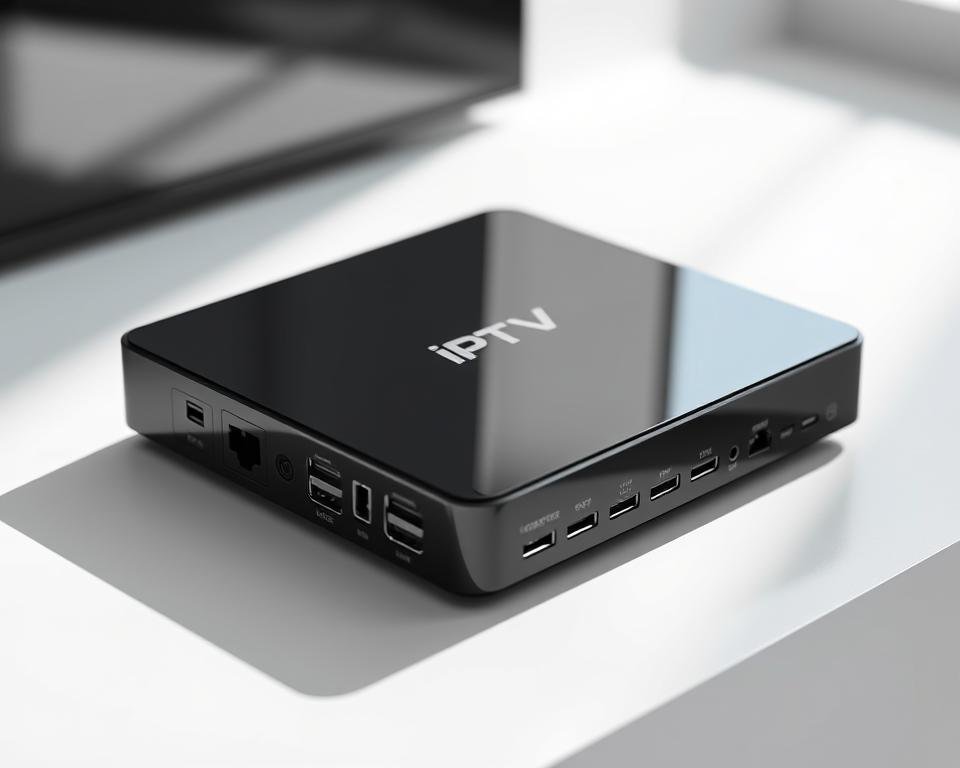 A sleek, modern IPTV device prominently displayed on a minimalist white background. The device has a glossy black casing with sharp edges, accentuating its premium design. Crisp, high-resolution rendering showcases the device's various ports and connections, highlighting its compatibility with a wide range of entertainment systems. Soft, directional lighting casts subtle shadows, creating depth and emphasizing the device's clean, contemporary aesthetic. The background is subtly blurred, keeping the focus on the central IPTV device and its technical capabilities. A sleek, modern IPTV device prominently displayed on a minimalist white background. The device has a glossy black casing with sharp edges, accentuating its premium design. Crisp, high-resolution rendering showcases the device's various ports and connections, highlighting its compatibility with a wide range of entertainment systems. Soft, directional lighting casts subtle shadows, creating depth and emphasizing the device's clean, contemporary aesthetic. The background is subtly blurred, keeping the focus on the central IPTV device and its technical capabilities.