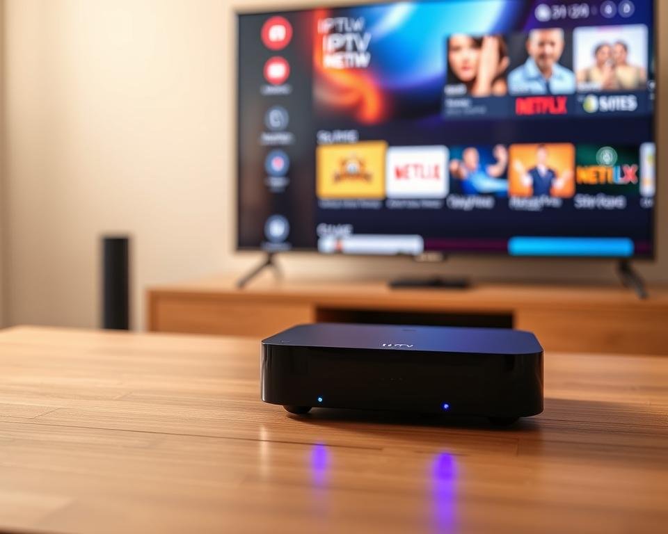 A sleek, modern IPTV device sits prominently on a minimalist wooden table, its LED indicator lights glowing softly. In the background, a large smart TV displays a vibrant, high-definition interface showcasing a selection of IPTV channels and services available for a free trial in the UK. The environment is bathed in warm, diffused lighting, creating a welcoming and inviting atmosphere. The overall scene conveys the simplicity and accessibility of unlocking IPTV entertainment with a free trial account in the United Kingdom.
