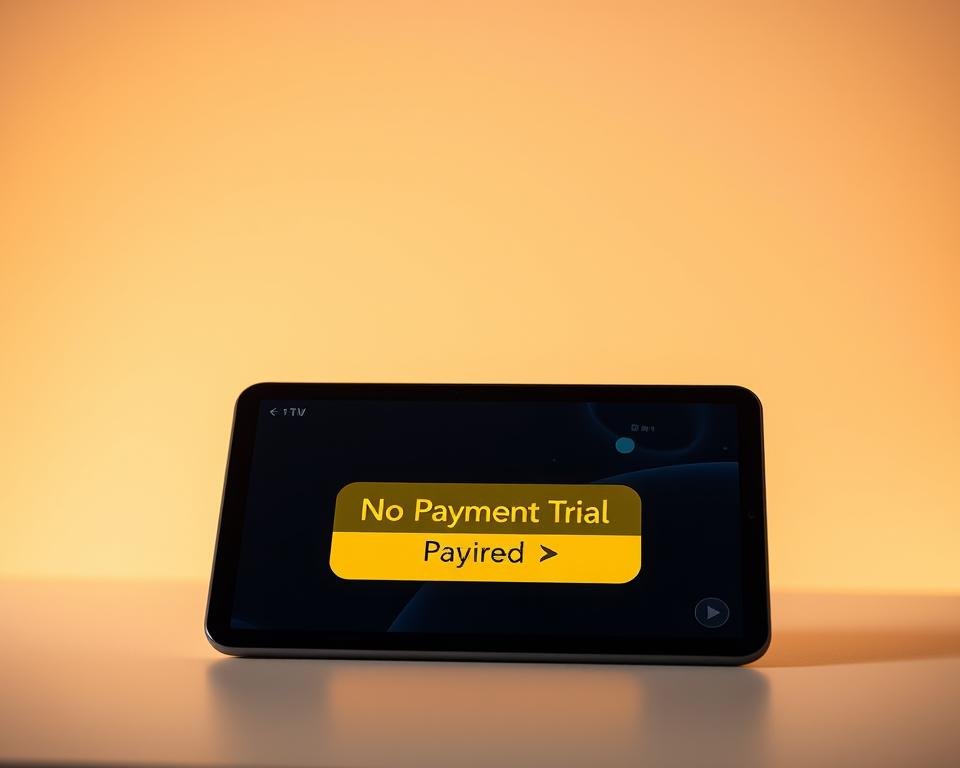 A sleek, modern IPTV interface with a prominent "No Payment Trial" call-to-action button against a clean, minimalist background. The interface is displayed on a high-resolution tablet or smartphone, showcasing the ease of access and user-friendly design. The scene is bathed in warm, diffused lighting, creating a inviting and premium atmosphere. The overall composition is balanced, with the device positioned centrally and the interface elements arranged intuitively to draw the viewer's attention to the trial offer.