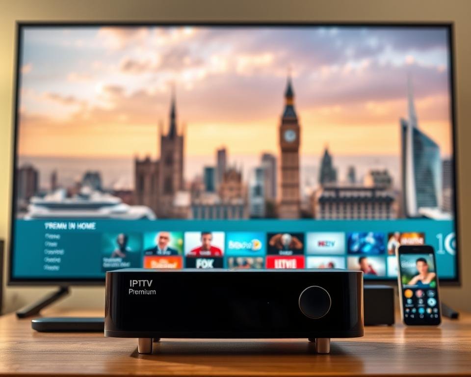 A sleek, modern IPTV service with a clean, intuitive interface. In the foreground, a streaming device or smart TV displays a selection of premium channels and on-demand content. The middle ground showcases a variety of devices, from set-top boxes to mobile phones, highlighting the service's cross-platform compatibility. The background features a cityscape, representing the UK's vibrant digital landscape. The lighting is soft and warm, conveying a sense of comfort and convenience. The overall composition emphasizes the seamless integration of IPTV technology into the modern home and on-the-go lifestyles.