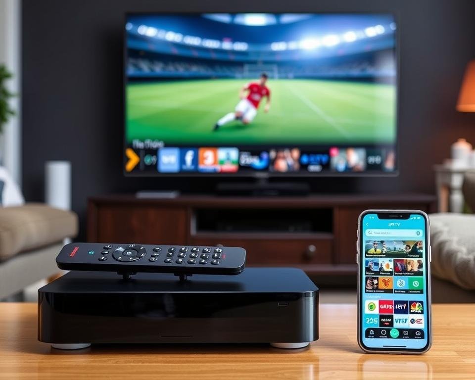 A sleek, modern IPTV setup for sports viewing in the UK. In the foreground, a high-end streaming device with a minimalist remote control lies atop a dark wooden entertainment center. Behind it, a state-of-the-art 4K smart TV displays a live soccer match, the image crisp and vibrant. The middle ground features a smartphone displaying the IPTV app interface, showcasing a diverse lineup of sports channels. In the background, a cozy living room setting with plush seating and subtle ambient lighting creates a comfortable, immersive viewing experience. The overall scene conveys a sense of premium quality, convenience, and affordability for sports enthusiasts in the UK.